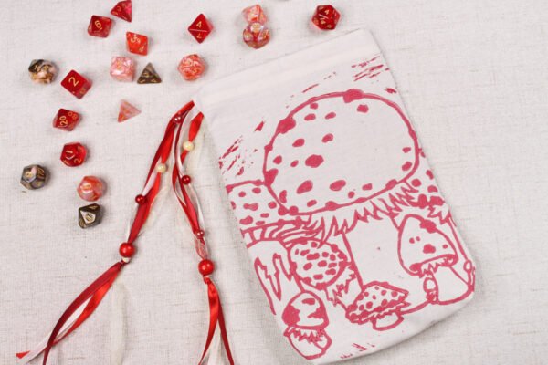 Magic Toadstool Fairy Ring Pouch with polyhedron dice, good to use as dice bag and as tarot card bag, runes bag or spell bag