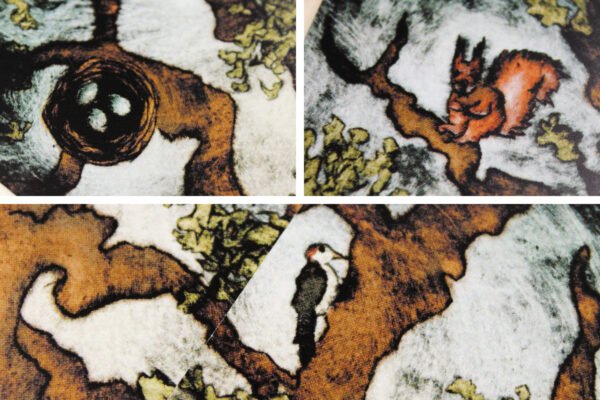 Details of Treetops Bookmark showing a red squirrel, bird’s nest with three eggs and a great spotted woodpecker in branches