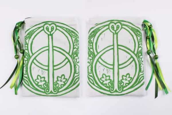 Green coloured printing on both sides of Chalice Well bag, inspired by the Chalice Well Garden in Glastonbury Town England