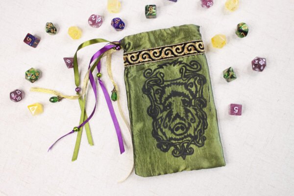 Norse knot magic pig Pouch with polyhedron dice, good to use as dice bag and also as tarot card bag, runes bag or spell bag