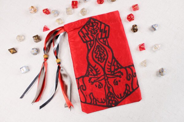 Viking Mjollnir Pouch with polyhedron dice, good to use as dice bag and as tarot card bag, runes bag or spell bag