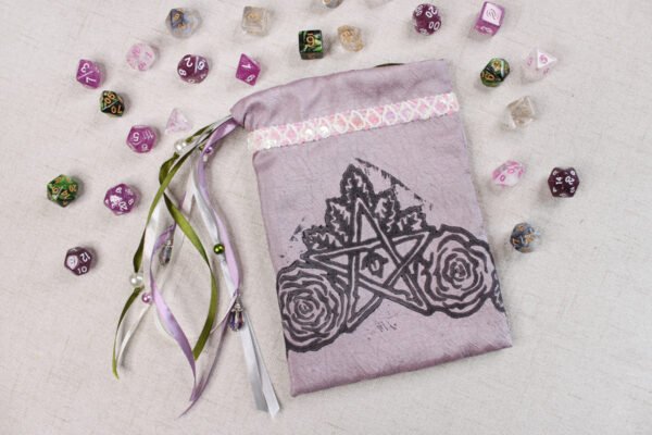 Greek Rose Flower Pentagram Pouch with polyhedron dice, good to use as dice bag and as tarot card bag, runes bag or spell bag