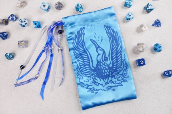 Greek Fire Bird on Nest Pouch with polyhedron dice, good to use as dice bag and as tarot card bag, runes bag or spell bag