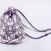 Closed purple handprinted fabric mythology drawstring bag with Cernunnos oak leaf print with boxed bottom and paracords