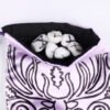 Violet Poly-Satin Cernunnos pouch with black cotton lining, white rune stones that spell Imogen are sitting in the pouch