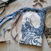 Hand printed pouch with, lino cutters, forged scissors and hand carved lino stamp which was used for printing this pouch